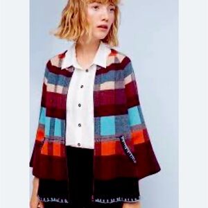 Anthro hwr monogram sweater jacket plaid swing size medium.